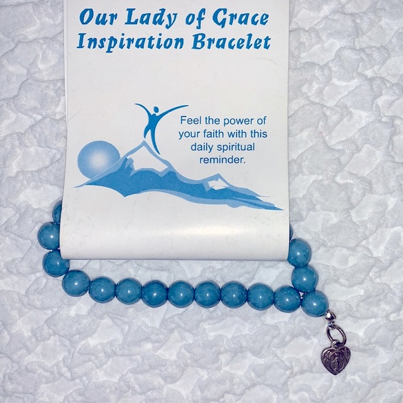 spiritual Jewelry - Our Lady of Grace Blue Beaded Stretch Bracelet w/ heart shaped mini-Mary medal